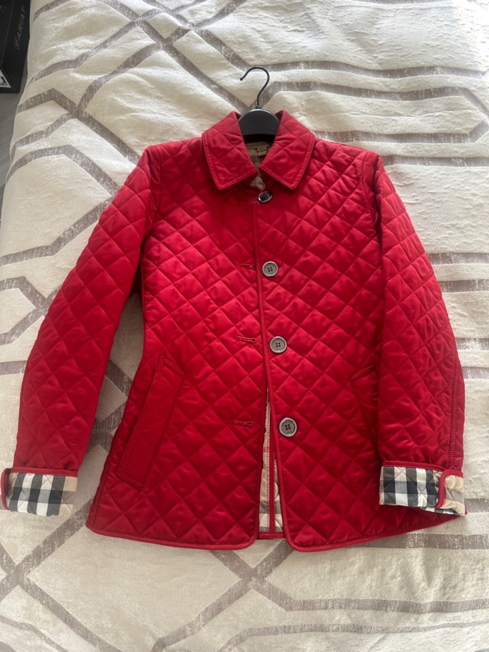 Burberry Red Quilted Bomber Jacket with Check Cuff Detail